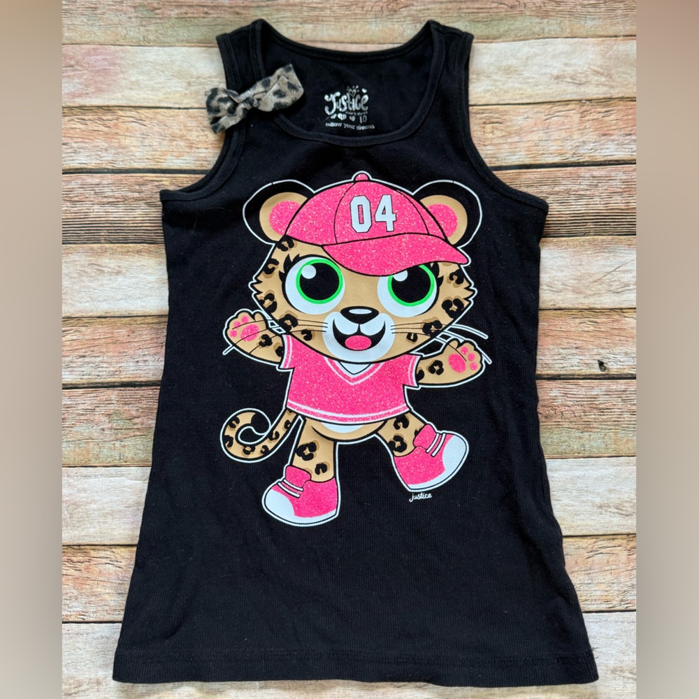 Justice Black Tank Top with Pink Leopard Character and Green Eyes
